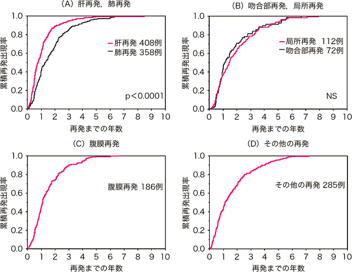 図2　再発部位別累積再発出現率曲線